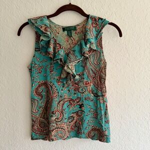 Vintage Ralph Lauren Y2K Tank Top Small PETITE PS Paisley Country Western V Neck